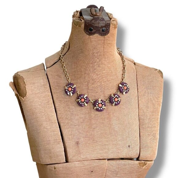 J Crew Statement Necklace Purple Coral Gold Rhinestone Crystal Cluster Retro 18" - Picture 7 of 13